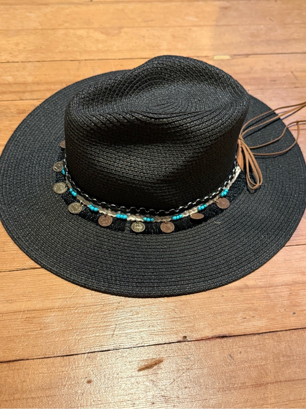 & Other Stories Black Wide-Brim Fedora with Turquoise Bead and Coin Detail